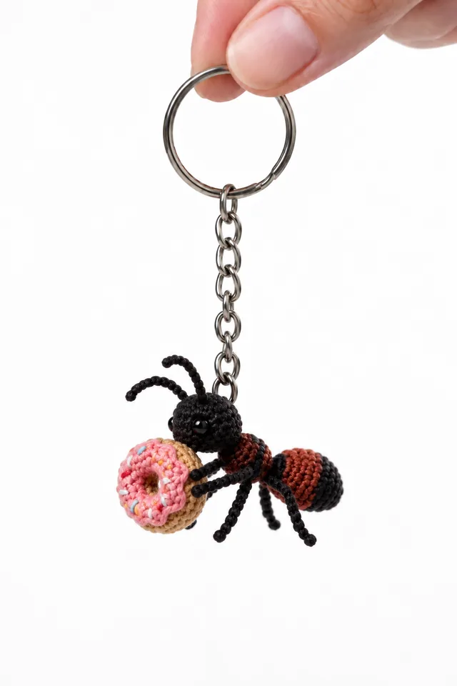 KI-Konzept eines schwarz-roten gehäkelten Ameisen-Schlüsselanhängers, der einen rosa glasierten Donut mit Streuseln in den Vorderbeinen trägt.