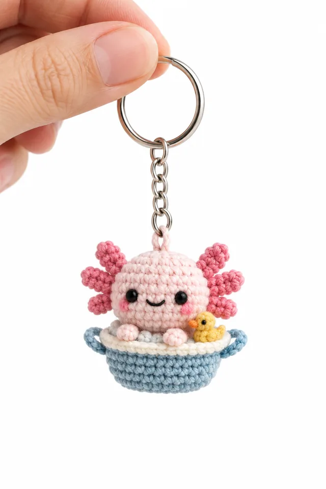 KI-Konzept eines rosa gehäkelten Axolotl-Schlüsselanhängers mit rosafarbenen Kiemen, der in einer kleinen blauen Badewanne mit Schaumbällchen und gelber Ente sitzt.