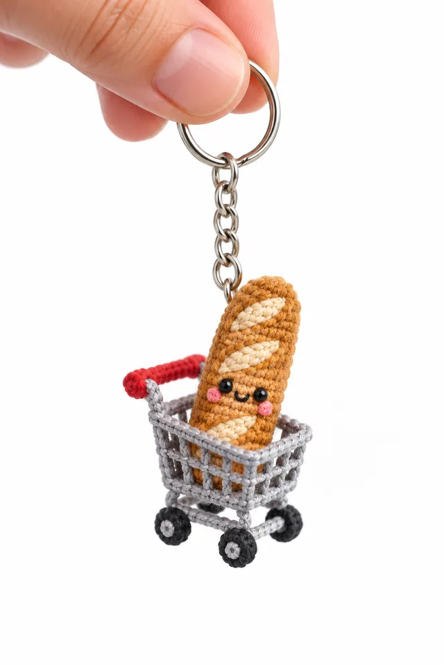 KI-Konzept eines gehäkelten Baguette-Schlüsselanhängers in einem grauen Mini-Einkaufswagen mit rotem Griff und schwarzen Rädern.