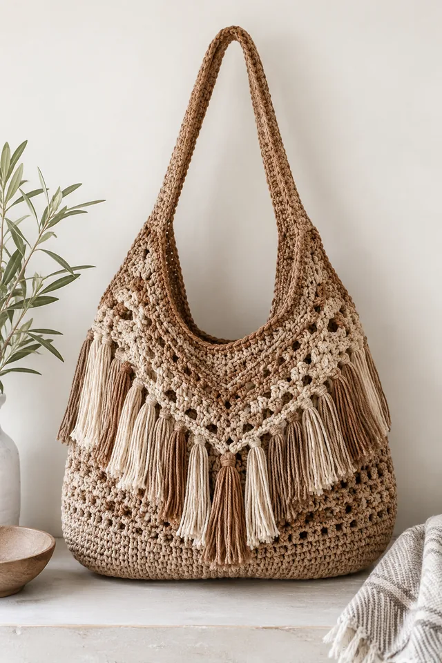KI-Konzept einer braunen Häkel-Markttasche im Boho-Stil mit Lochmuster und langen Fransen
