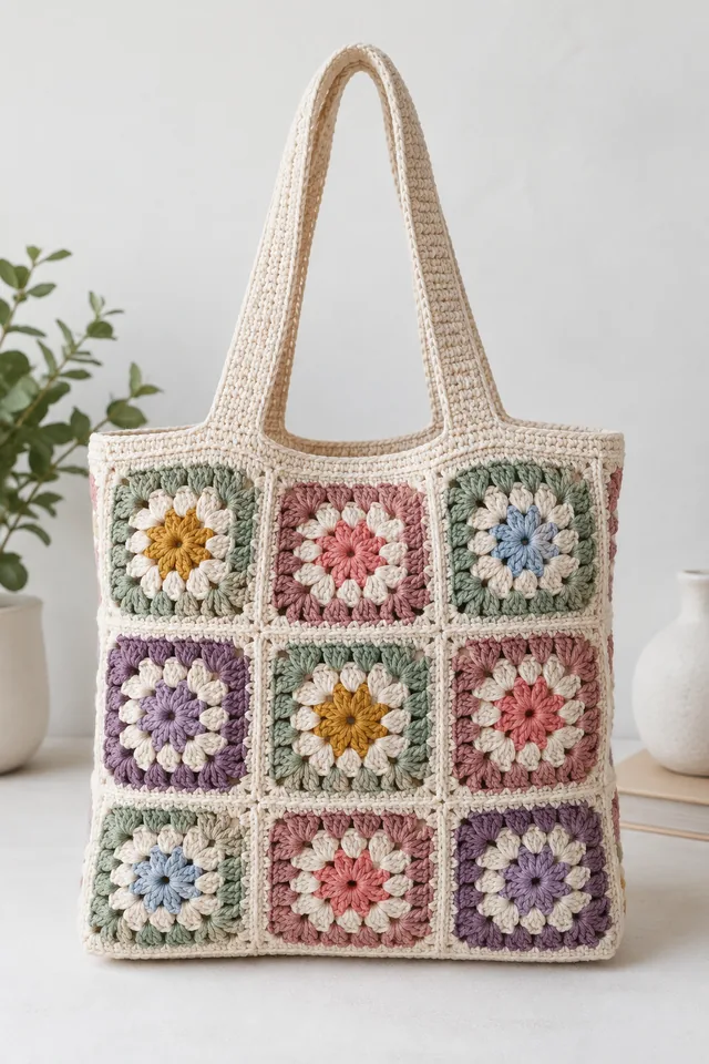 KI-Konzept einer Häkeltasche aus pastellfarbenen Granny Squares mit Blütenzentren und cremefarbenem Rand