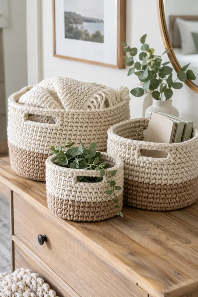 KI-Konzept eines dreiteiligen Sets aus gehäkelten Aufbewahrungskörben in Creme und Beige mit Griffen, gefüllt mit Decken und Büchern auf einer Holzkommode.