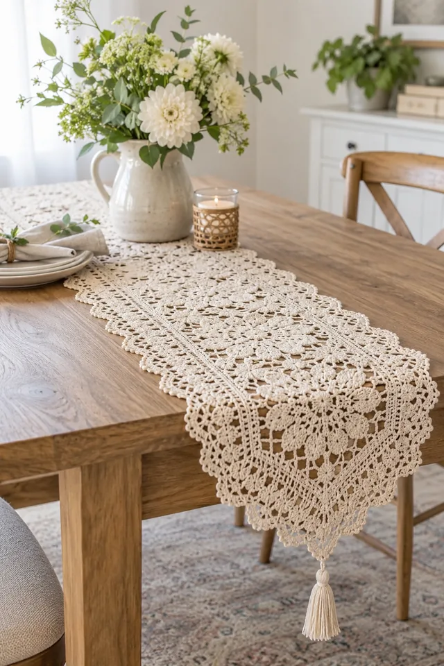 KI-Konzept eines cremefarbenen gehäkelten Tischläufers mit Lochmuster und Quasten, liegend auf einem Holztisch mit Blumenvase und Kerzen.