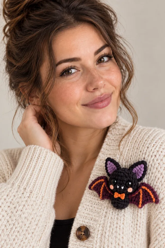 KI-Konzept einer schwarzen Häkel-Katzenbrosche mit Fledermausflügeln, orangefarbenen Flügelspitzen und lila Schleife auf einer cremefarbenen Strickjacke.