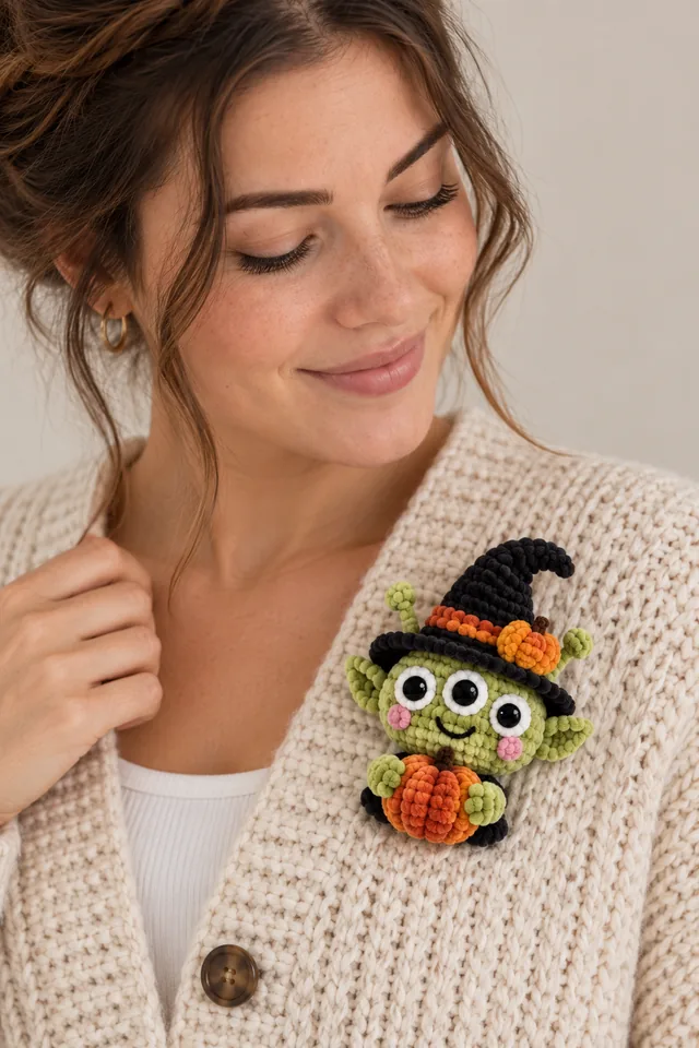 KI-Konzept einer grünen Häkel-Brosche: Froschhexe mit schwarzem Hexenhut, orangefarbenem Kürbis und Blumen auf einer cremefarbenen Strickjacke.
