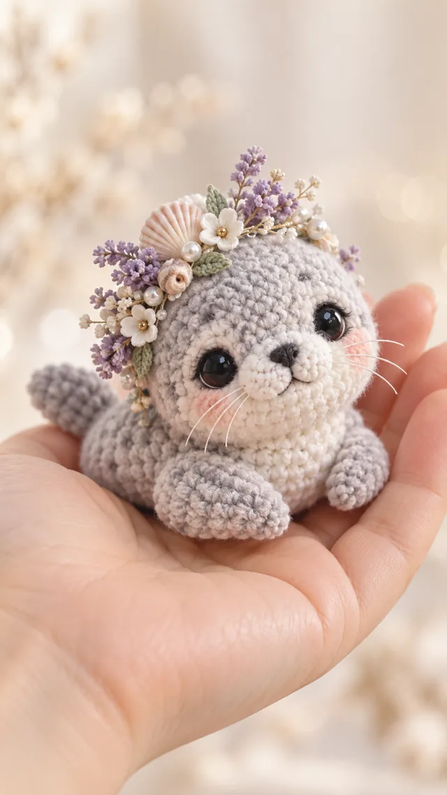 KI-Konzept einer grau-weißen gehäkelten Mini-Katze mit schwarzen Ohrenspitzen, die eine Krone aus Lavendel, Blüten und einer kleinen Muschel trägt.