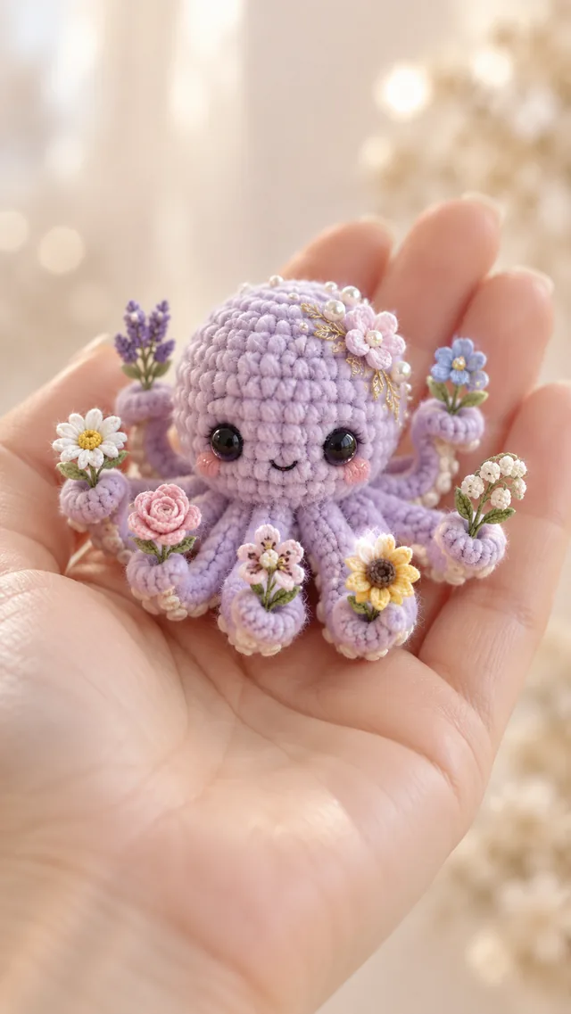 KI-Konzept eines lila gehäkelten Mini-Oktopus, dessen Fangarme mit kleinen Blumensträußen aus Lavendel, Gänseblümchen und Rosen verziert sind.