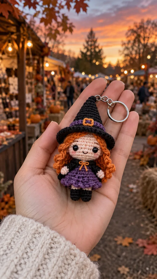 KI-Konzept eines Hexen-Schlüsselanhängers in Häkeloptik mit kupferfarbenen Locken, violettem Kleid und schwarzem Hut