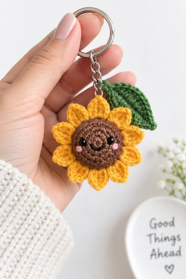 KI-Konzept eines gelben gehäkelten Sonnenblumen-Schlüsselanhängers mit braunem Gesicht, schwarzen Augen und einem grünen Blatt, gehalten in einer Hand.