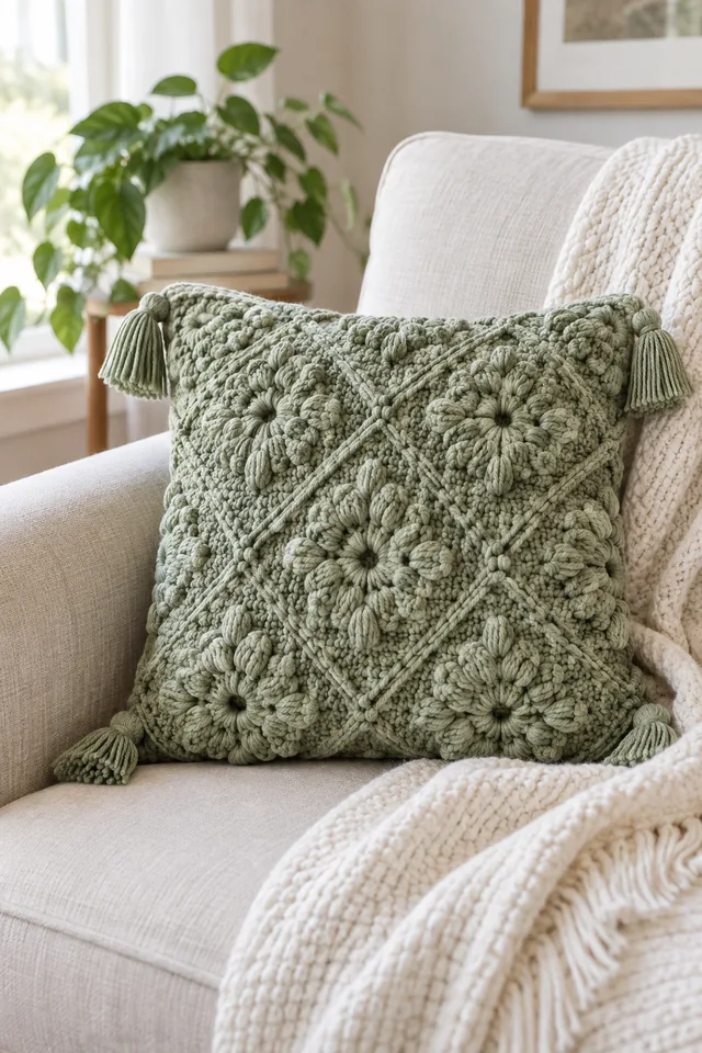 KI-Konzept eines salbeigrünen Häkelkissens mit strukturiertem Blütenmuster-Relief und Quasten in den Ecken, liegend auf einem hellen Sofa.