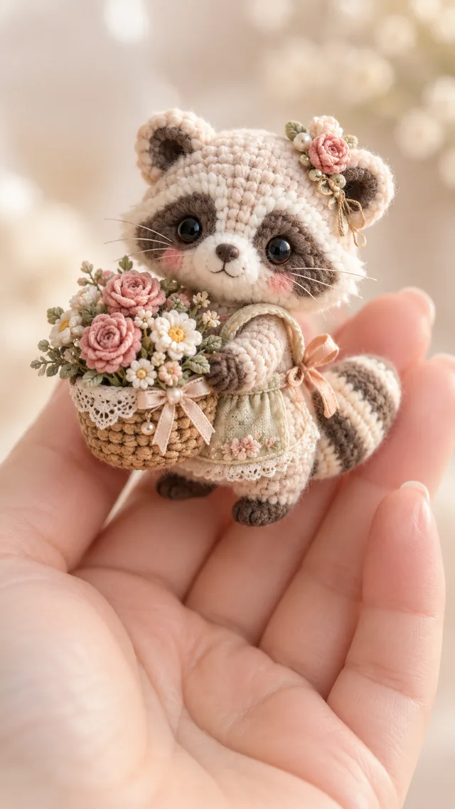 KI-Konzept eines gehäkelten Mini-Waschbären mit typischer Augenmaske, der einen geflochtenen Korb mit rosa Rosen und Schleife in den Pfoten hält.